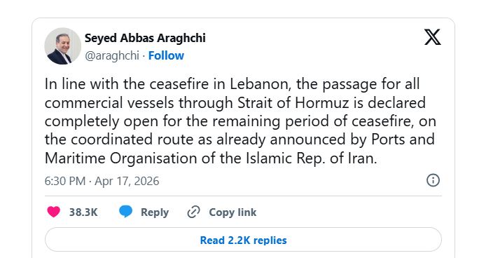 हर्मुज खुला गरिएको इरानी विदेशमन्त्री अब्बास अराघचीको घोषणा